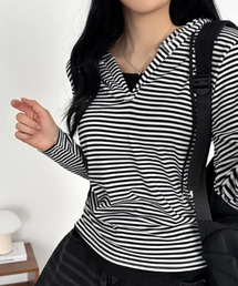 レイヤード風 ボーダーフーディーTシャツ
