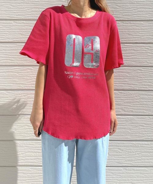 Q（キュー）の「ワッフル半袖Tシャツ（Tシャツ/カットソー・レディース・ピンク/ライトグレー・MEDIUM）」の11枚目の写真