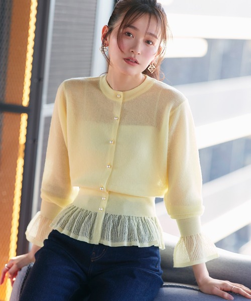 RUIRUE BOUTIQUE(ルイルエブティック)の「洗える/ストレッチ | メッシュ フリル カーデ | カーディガン・ニットカーディガン・トップス・ニットトップス・サマーニット・シアートップス(カーディガン/ボレロ・レディース・ピンク/イエロー/アイボリー/ブラック・L/M)」の3枚目の写真