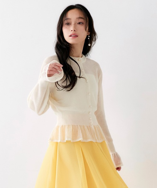 RUIRUE BOUTIQUE(ルイルエブティック)の「洗える/ストレッチ | メッシュ フリル カーデ | カーディガン・ニットカーディガン・トップス・ニットトップス・サマーニット・シアートップス(カーディガン/ボレロ・レディース・ピンク/イエロー/アイボリー/ブラック・L/M)」の2枚目の写真