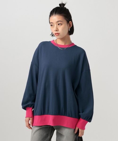 BAYFLOW（ベイフロー）の「配色ワッフルプルオーバー（Tシャツ/カットソー・レディース・ブラウン/オフホワイト/グレー/ネイビー・FREE）」の4枚目の写真