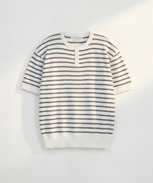 Stripe Henleyneck Cotton Knit IVORY