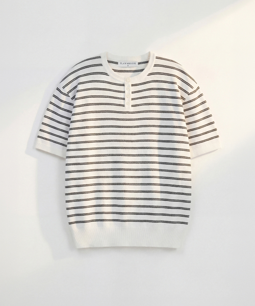 Полосатый Henley‑neck хлопковый джемпер, ivory