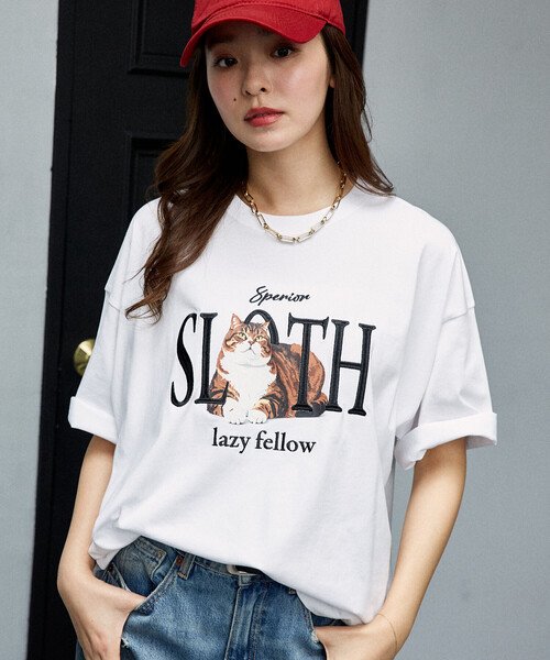 PUBLUX（パブリュクス）の「PUBLUX/パブリュクス ＜機能性素材＞SLOTH 刺繍 キャット Tシャツ　限定展開（Tシャツ/カットソー・レディース・ピンク/ホワイト/ネイビー/ブラック・MEDIUM/SMALL/LARGE）」の2枚目の写真