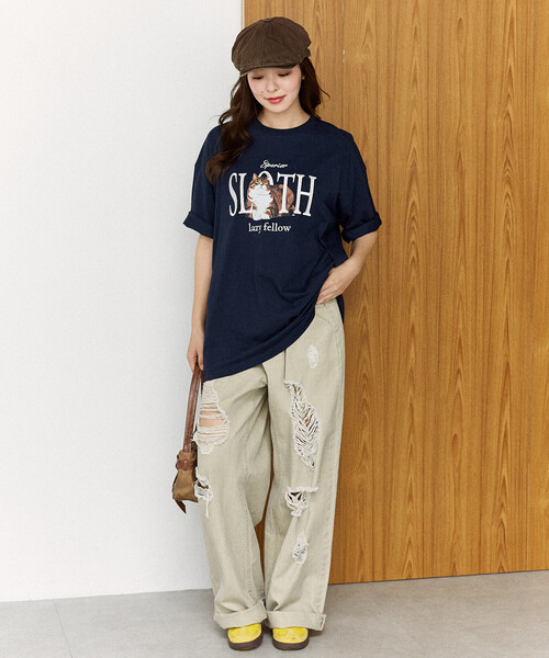 PUBLUX（パブリュクス）の「PUBLUX/パブリュクス ＜機能性素材＞SLOTH 刺繍 キャット Tシャツ　限定展開（Tシャツ/カットソー・レディース・ピンク/ホワイト/ネイビー/ブラック・MEDIUM/SMALL/LARGE）」の9枚目の写真