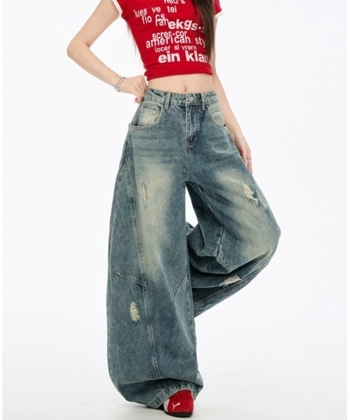 center i(センターアイ)の「サイドカーブ切替ダメージデニムパンツ(デニムパンツ・レディース・ブルー・S/M)」の5枚目の写真