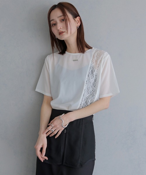 &g'aime（アンジェム）の「【&ｇ'aime 】シアー×レーストップス　Sheer x Lace Tops（Tシャツ/カットソー・レディース・ブラック/ホワイト・FREE）」の2枚目の写真