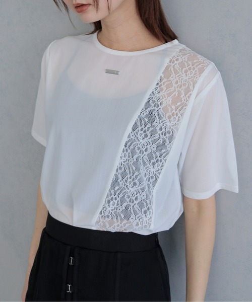 &g'aime（アンジェム）の「【&ｇ'aime 】シアー×レーストップス　Sheer x Lace Tops（Tシャツ/カットソー・レディース・ブラック/ホワイト・FREE）」の6枚目の写真