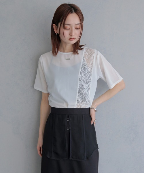 &g'aime（アンジェム）の「【&ｇ'aime 】シアー×レーストップス　Sheer x Lace Tops（Tシャツ/カットソー・レディース・ブラック/ホワイト・FREE）」の3枚目の写真