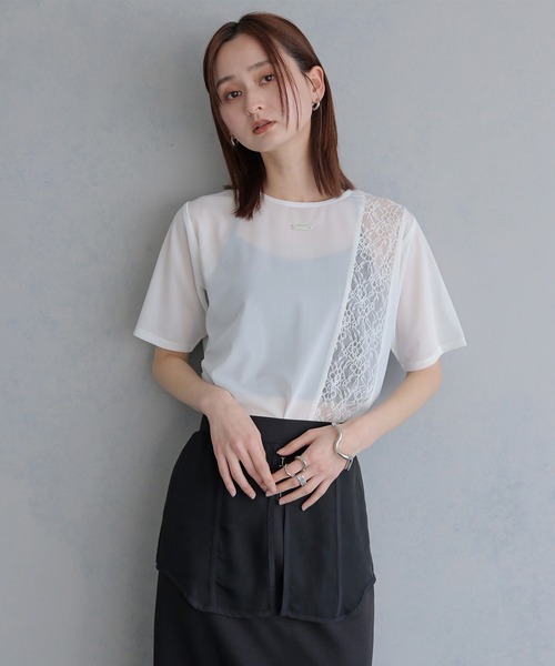 &g'aime（アンジェム）の「【&ｇ'aime 】シアー×レーストップス　Sheer x Lace Tops（Tシャツ/カットソー・レディース・ブラック/ホワイト・FREE）」の4枚目の写真