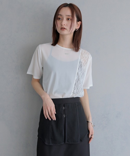 &g'aime（アンジェム）の「【&ｇ'aime 】シアー×レーストップス　Sheer x Lace Tops（Tシャツ/カットソー・レディース・ブラック/ホワイト・FREE）」の5枚目の写真