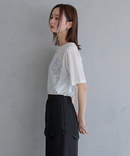 &g'aime（アンジェム）の「【&ｇ'aime 】シアー×レーストップス　Sheer x Lace Tops（Tシャツ/カットソー・レディース・ブラック/ホワイト・FREE）」の7枚目の写真