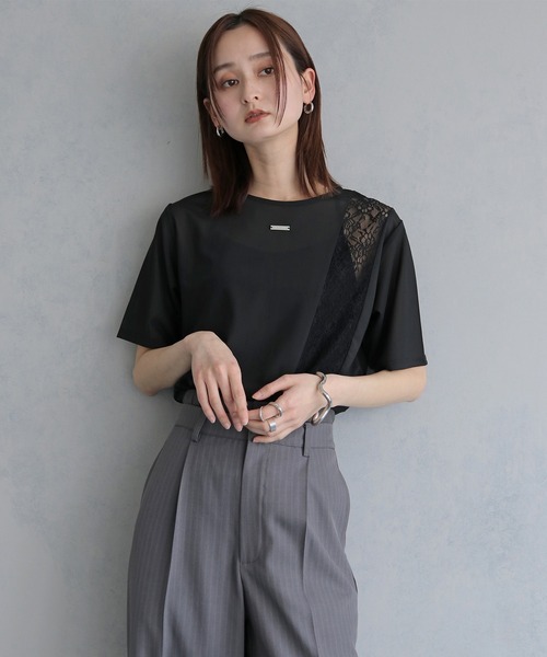 &g'aime（アンジェム）の「【&ｇ'aime 】シアー×レーストップス　Sheer x Lace Tops（Tシャツ/カットソー・レディース・ブラック/ホワイト・FREE）」の14枚目の写真