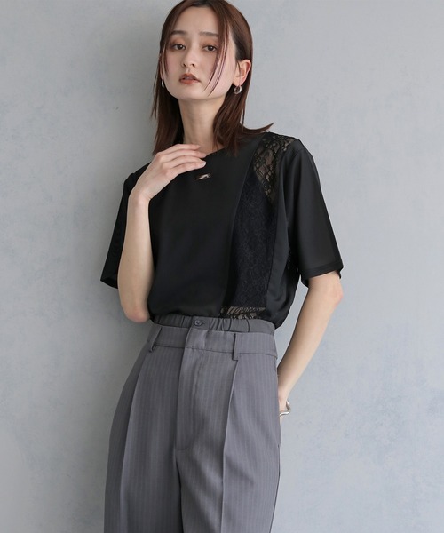 &g'aime（アンジェム）の「【&ｇ'aime 】シアー×レーストップス　Sheer x Lace Tops（Tシャツ/カットソー・レディース・ブラック/ホワイト・FREE）」の15枚目の写真