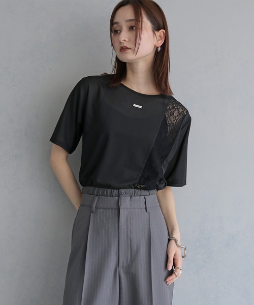 &g'aime（アンジェム）の「【&ｇ'aime 】シアー×レーストップス　Sheer x Lace Tops（Tシャツ/カットソー・レディース・ブラック/ホワイト・FREE）」の16枚目の写真