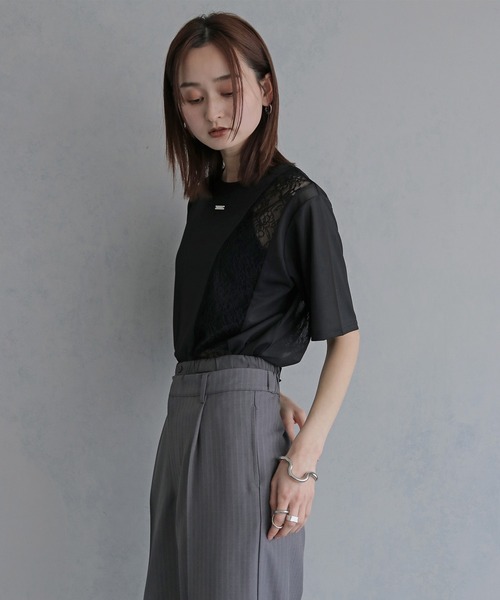 &g'aime（アンジェム）の「【&ｇ'aime 】シアー×レーストップス　Sheer x Lace Tops（Tシャツ/カットソー・レディース・ブラック/ホワイト・FREE）」の19枚目の写真