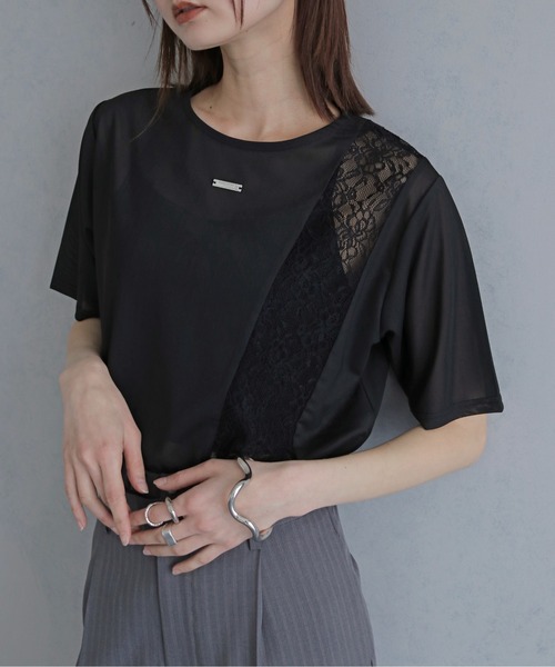 &g'aime（アンジェム）の「【&ｇ'aime 】シアー×レーストップス　Sheer x Lace Tops（Tシャツ/カットソー・レディース・ブラック/ホワイト・FREE）」の17枚目の写真