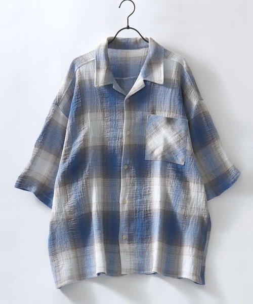 SITRY（シトリー）の「Panama Plaid Pattern Open Collar Shirt/パナマ織り ビッグシルエット チェック オープンカラー 半袖シャツ（シャツ/ブラウス・メンズ・アイボリー/ブルー/ネイビー・L/M）」の3枚目の写真