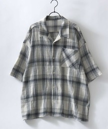 Panama Plaid Pattern Open Collar Shirt/パナマ織り ビッグシルエット チェック オープンカラー 半袖シャツ