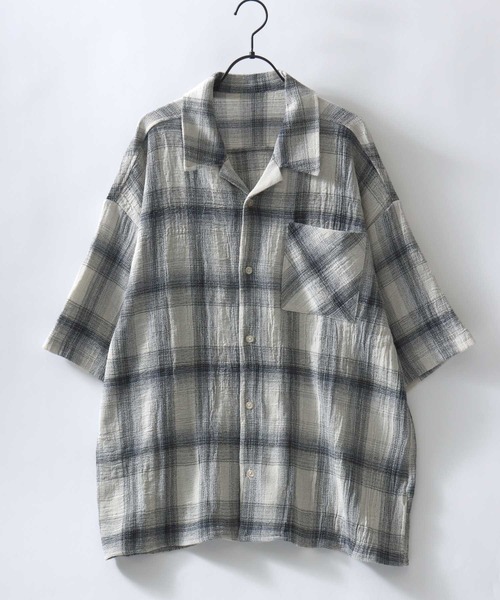 SITRY（シトリー）の「Panama Plaid Pattern Open Collar Shirt/パナマ織り ビッグシルエット チェック オープンカラー 半袖シャツ（シャツ/ブラウス・メンズ・アイボリー/ブルー/ネイビー・L/M）」の2枚目の写真