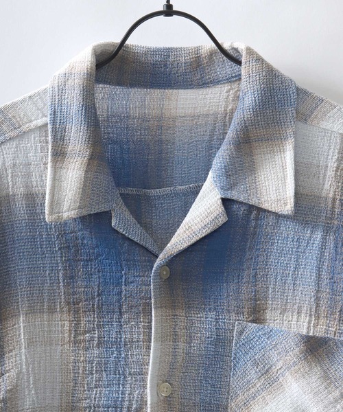 SITRY（シトリー）の「Panama Plaid Pattern Open Collar Shirt/パナマ織り ビッグシルエット チェック オープンカラー 半袖シャツ（シャツ/ブラウス・メンズ・アイボリー/ブルー/ネイビー・L/M）」の5枚目の写真