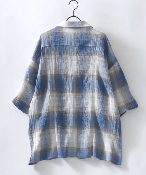 SITRY（シトリー）の「Panama Plaid Pattern Open Collar Shirt/パナマ織り ビッグシルエット チェック オープンカラー 半袖シャツ（シャツ/ブラウス・メンズ・アイボリー/ブルー/ネイビー・L/M）」の4枚目の写真