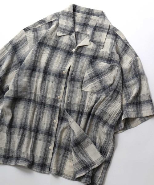 SITRY（シトリー）の「Panama Plaid Pattern Open Collar Shirt/パナマ織り ビッグシルエット チェック オープンカラー 半袖シャツ（シャツ/ブラウス・メンズ・アイボリー/ブルー/ネイビー・L/M）」の13枚目の写真
