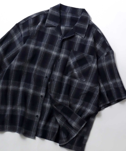 SITRY（シトリー）の「Panama Plaid Pattern Open Collar Shirt/パナマ織り ビッグシルエット チェック オープンカラー 半袖シャツ（シャツ/ブラウス・メンズ・アイボリー/ブルー/ネイビー・L/M）」の14枚目の写真