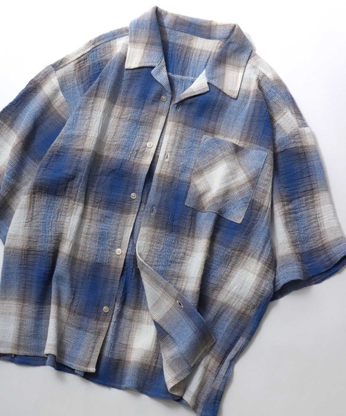 SITRY（シトリー）の「Panama Plaid Pattern Open Collar Shirt/パナマ織り ビッグシルエット チェック オープンカラー 半袖シャツ（シャツ/ブラウス・メンズ・アイボリー/ブルー/ネイビー・L/M）」の15枚目の写真
