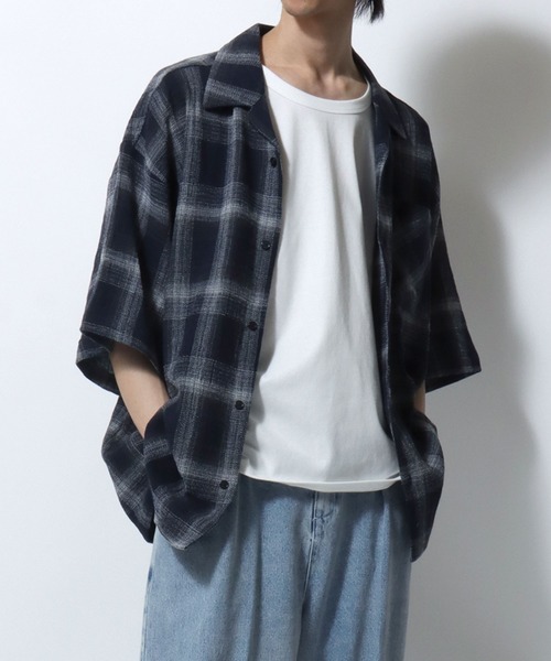 SITRY（シトリー）の「Panama Plaid Pattern Open Collar Shirt/パナマ織り ビッグシルエット チェック オープンカラー 半袖シャツ（シャツ/ブラウス・メンズ・アイボリー/ブルー/ネイビー・L/M）」の20枚目の写真