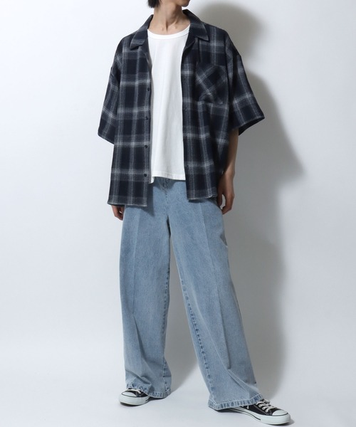 SITRY（シトリー）の「Panama Plaid Pattern Open Collar Shirt/パナマ織り ビッグシルエット チェック オープンカラー 半袖シャツ（シャツ/ブラウス・メンズ・アイボリー/ブルー/ネイビー・L/M）」の21枚目の写真