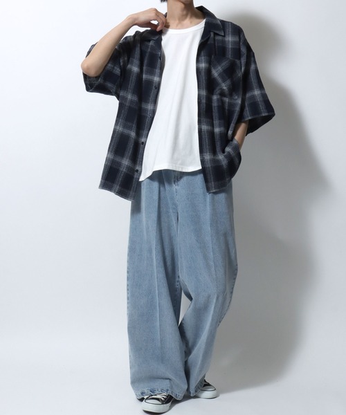 SITRY（シトリー）の「Panama Plaid Pattern Open Collar Shirt/パナマ織り ビッグシルエット チェック オープンカラー 半袖シャツ（シャツ/ブラウス・メンズ・アイボリー/ブルー/ネイビー・L/M）」の22枚目の写真