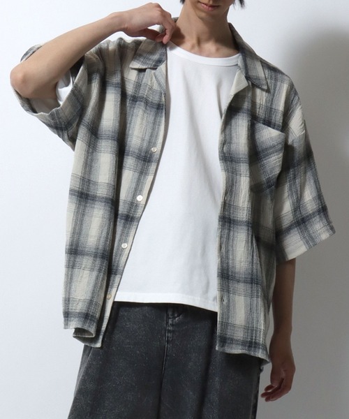 SITRY（シトリー）の「Panama Plaid Pattern Open Collar Shirt/パナマ織り ビッグシルエット チェック オープンカラー 半袖シャツ（シャツ/ブラウス・メンズ・アイボリー/ブルー/ネイビー・L/M）」の16枚目の写真