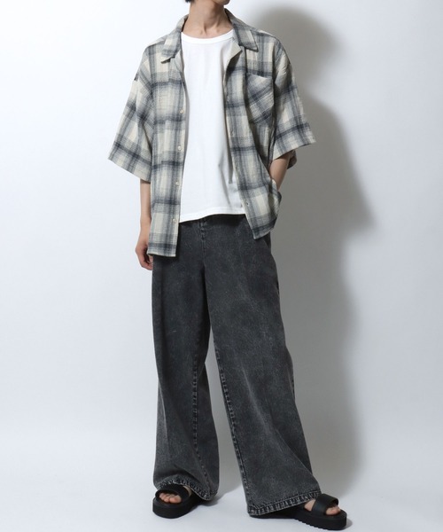 SITRY（シトリー）の「Panama Plaid Pattern Open Collar Shirt/パナマ織り ビッグシルエット チェック オープンカラー 半袖シャツ（シャツ/ブラウス・メンズ・アイボリー/ブルー/ネイビー・L/M）」の17枚目の写真