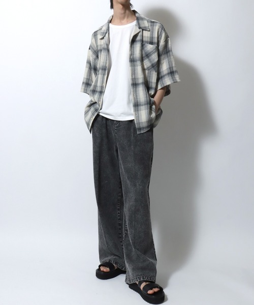 SITRY（シトリー）の「Panama Plaid Pattern Open Collar Shirt/パナマ織り ビッグシルエット チェック オープンカラー 半袖シャツ（シャツ/ブラウス・メンズ・アイボリー/ブルー/ネイビー・L/M）」の18枚目の写真