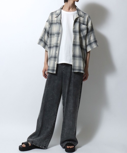 SITRY（シトリー）の「Panama Plaid Pattern Open Collar Shirt/パナマ織り ビッグシルエット チェック オープンカラー 半袖シャツ（シャツ/ブラウス・メンズ・アイボリー/ブルー/ネイビー・L/M）」の19枚目の写真