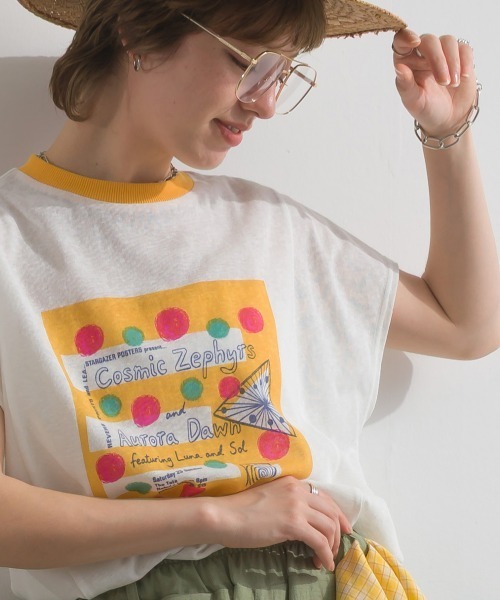 Figgle(フィグル)の「シアー 天竺 染み込み ロゴ プリント フレアTシャツ(Tシャツ/カットソー・レディース・イエロー/オフホワイト・FREE)」の8枚目の写真