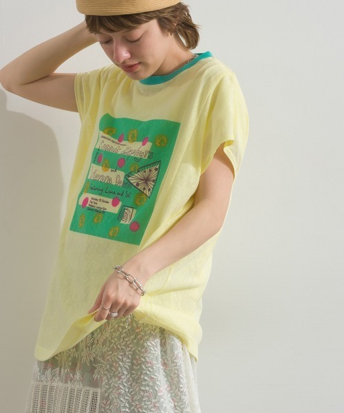 Figgle(フィグル)の「シアー 天竺 染み込み ロゴ プリント フレアTシャツ(Tシャツ/カットソー・レディース・イエロー/オフホワイト・FREE)」の13枚目の写真