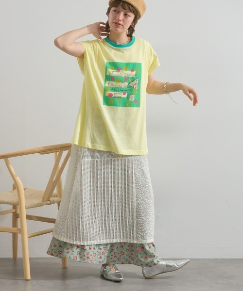 Figgle(フィグル)の「シアー 天竺 染み込み ロゴ プリント フレアTシャツ(Tシャツ/カットソー・レディース・イエロー/オフホワイト・FREE)」の14枚目の写真