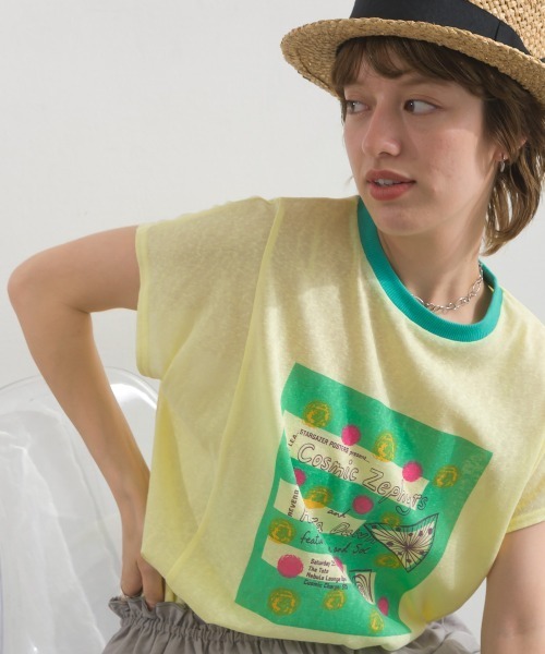 Figgle(フィグル)の「シアー 天竺 染み込み ロゴ プリント フレアTシャツ(Tシャツ/カットソー・レディース・イエロー/オフホワイト・FREE)」の15枚目の写真