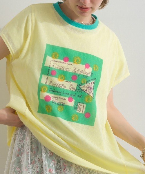 Figgle(フィグル)の「シアー 天竺 染み込み ロゴ プリント フレアTシャツ(Tシャツ/カットソー・レディース・イエロー/オフホワイト・FREE)」の16枚目の写真