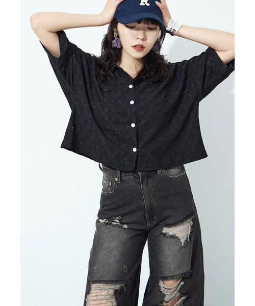 Fashion Letter(ファッションレター)の「楊柳レース クロップドブラウス(シャツ/ブラウス・レディース・ブラック/オフホワイト・M)」の1枚目の写真