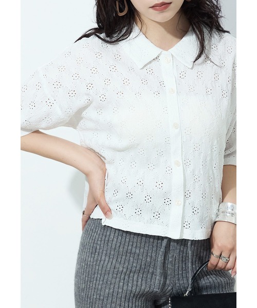 Fashion Letter(ファッションレター)の「楊柳レース クロップドブラウス(シャツ/ブラウス・レディース・ブラック/オフホワイト・M)」の7枚目の写真