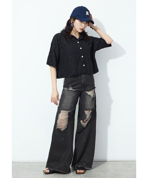 Fashion Letter(ファッションレター)の「楊柳レース クロップドブラウス(シャツ/ブラウス・レディース・ブラック/オフホワイト・M)」の15枚目の写真