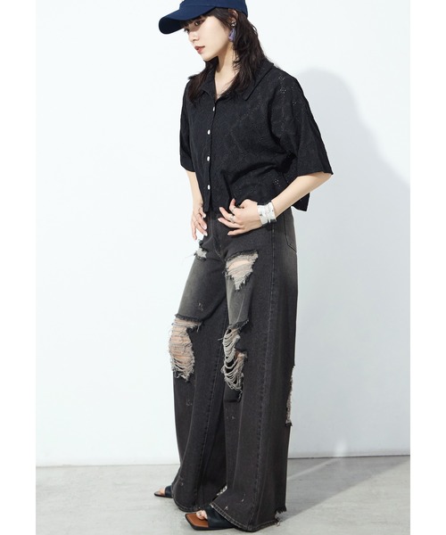 Fashion Letter(ファッションレター)の「楊柳レース クロップドブラウス(シャツ/ブラウス・レディース・ブラック/オフホワイト・M)」の17枚目の写真