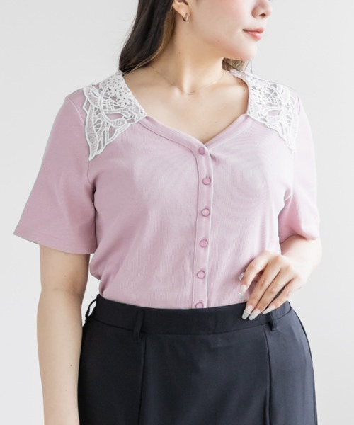 CLETTE(クレット)の「配色レース襟リブプルオーバー(Tシャツ/カットソー・レディース・ピンク/ネイビー・LL/4L/3L)」の2枚目の写真