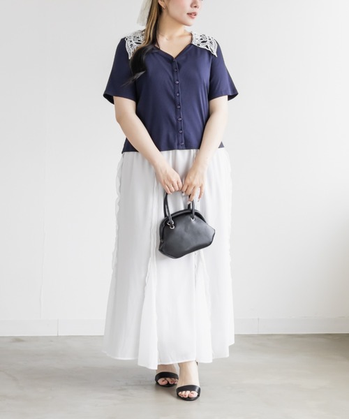 CLETTE(クレット)の「配色レース襟リブプルオーバー(Tシャツ/カットソー・レディース・ピンク/ネイビー・LL/4L/3L)」の9枚目の写真