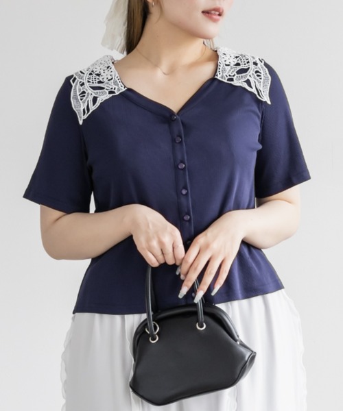 CLETTE(クレット)の「配色レース襟リブプルオーバー(Tシャツ/カットソー・レディース・ピンク/ネイビー・LL/4L/3L)」の7枚目の写真
