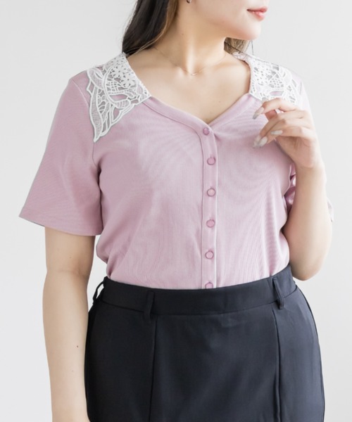 CLETTE(クレット)の「配色レース襟リブプルオーバー(Tシャツ/カットソー・レディース・ピンク/ネイビー・LL/4L/3L)」の11枚目の写真