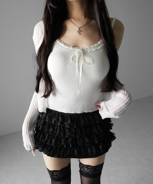 me+em select（ミームセレクト）の「【 ３color ／ インパン裏地付 】フリルレースミニスカート ／ frill lace mini skirt※※（スカート・レディース・ブルー/ホワイト/ブラック・FREE）」の4枚目の写真